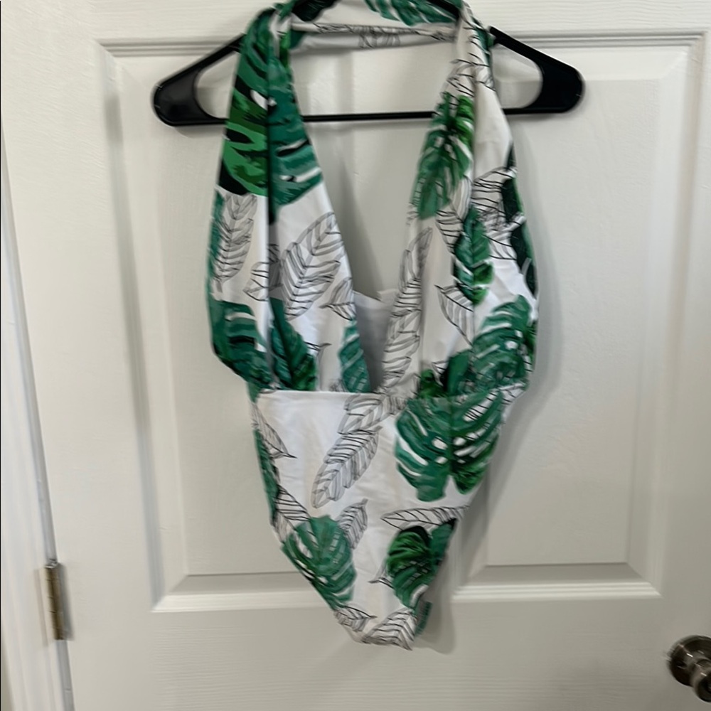 Green and White Leaf Print One Piece Swimsuit
